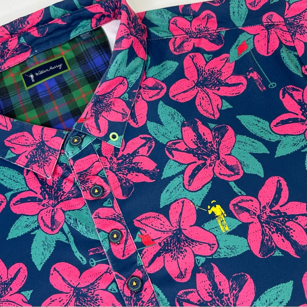 William Murray Men’s Blue Floral Pink Remastered Polo Shirt XXL Stretch Golf 2XL